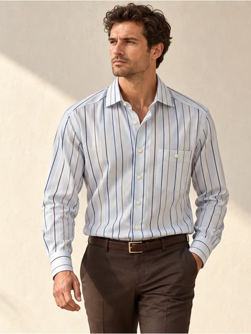 Eton Wrinklefree Cotton Stripe Dress Shirt Ice Blue Brown Taupe Size 42 161⁄2